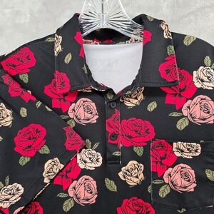 BYLT Premium Basics Polo Shirt Mens Large Black Red Rose Floral Performance